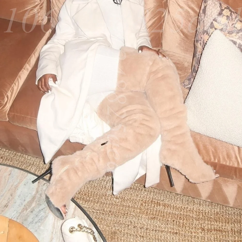 

Premium Plush Faux Fur Thigh-High Peep Toe Stiletto Boots Sexy Winter Furry High Heels Shoes for Party, Evening & Dress Outfits