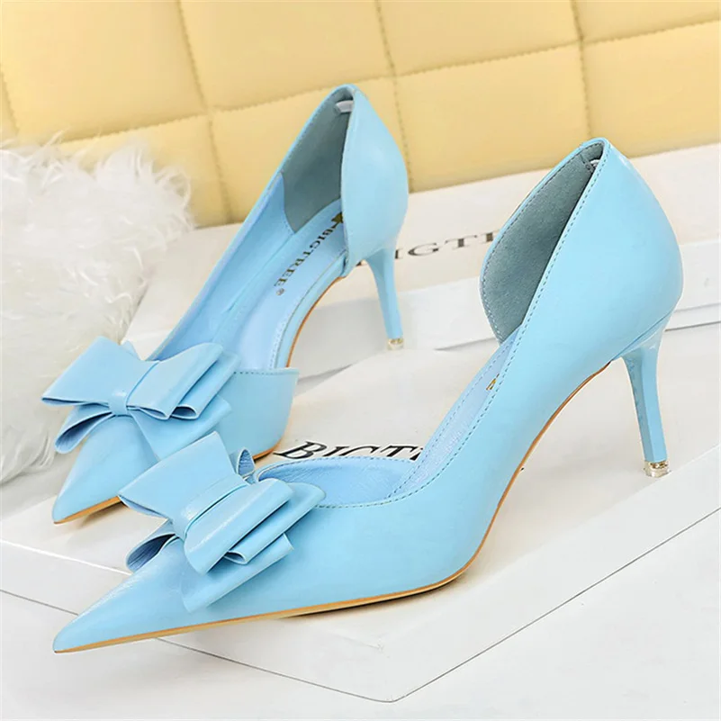 Donne 7.5cm 10cm tacchi alti décolleté spogliarellista Scarpins Cute Bow tacchi bassi scarpe Lady Fetish Sweet Wedding Bridal yellow Blue Shoes