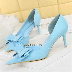 Donne 7.5cm 10cm tacchi alti décolleté spogliarellista Scarpins Cute Bow tacchi bassi scarpe Lady Fetish Sweet Wedding Bridal yellow Blue Shoes