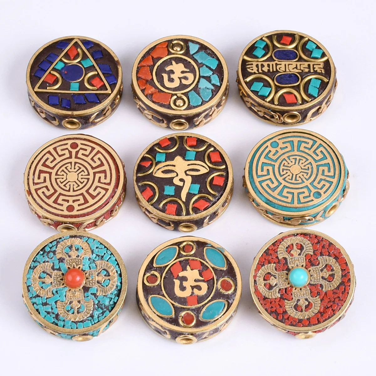 Nepalese Buddhist Handmade Flat Round 22mm Tibetan Brass Metal & Clay Loose Craft Beads for Jewelry Making DIY Necklace