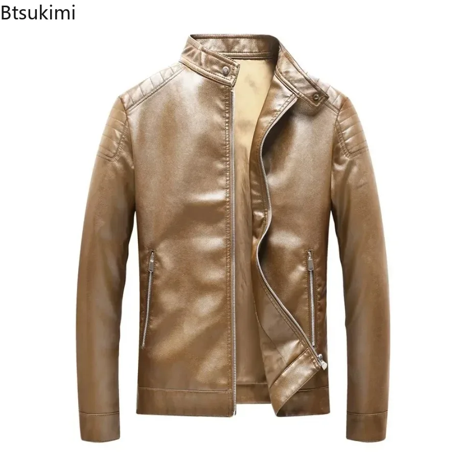 

New2025 Мужская кожаная одежда Тонкая мотоциклетная мужская кожаная куртка в корейском стиле Однотонные повседневные топы из искусственной кожи Модные мужские куртки