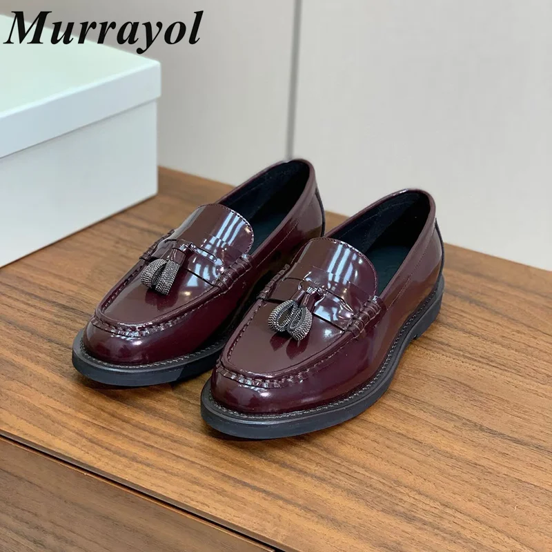 

New Patent Leather Solid Color Flat Shoes Women's Round Toe Tassel String Bead Decor Loafers Spring Autumn Retro Single Shoes