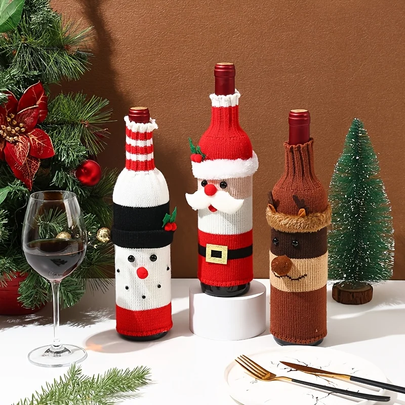 3 Styles to Choose From, Christmas Decorative Wine Bottle Covers/Wine Bottle Sleeves, Handmade DIY Knitted Material, Decorated with Santa Claus, Snowman, Reindeer, Etc., Suitable for Christmas Eve, First Christmas Decorations, and Creating a Festive Atmosphere in Hotels and Restaurants during Christmas
