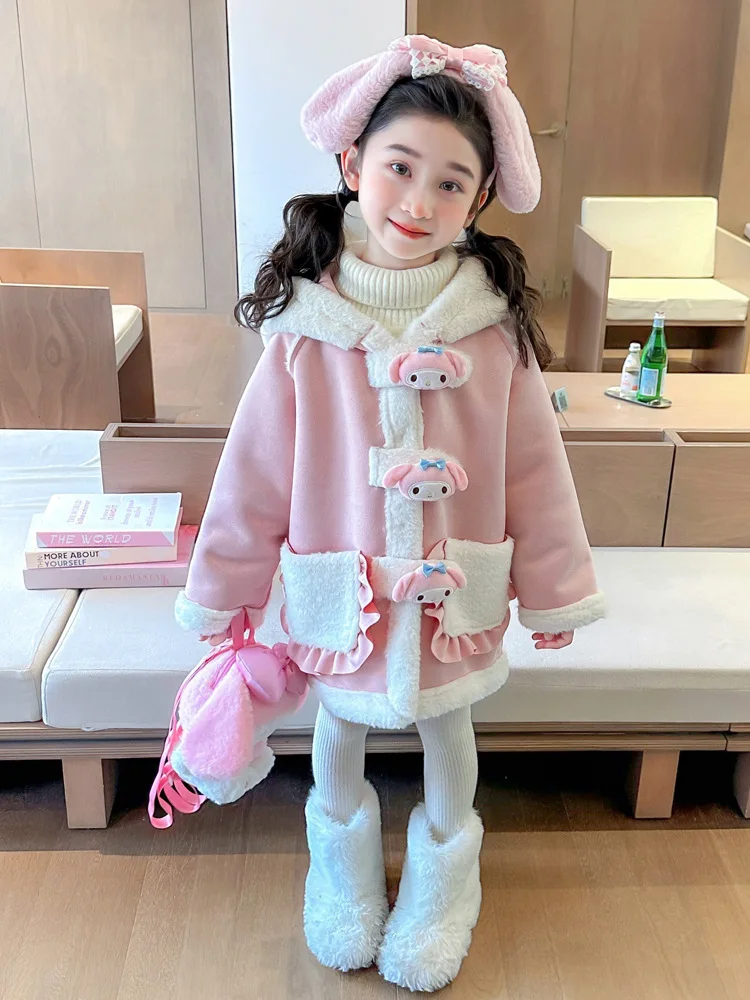 

Anime Kawaii My Melody Kids Jacket Sanrios Winter New Cute Fashion Cartoon Fashion Girl Pink Long-Style Hooded Suede Warm Top