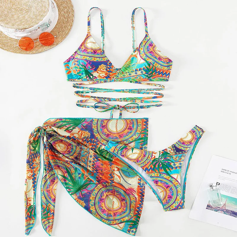 3 Pieces Bathing Suit Sexy Bikini 2023 Women`s Cover Up Bikinis Set  Female Ladies 3 Pack Allover Print Halter Swimsuit