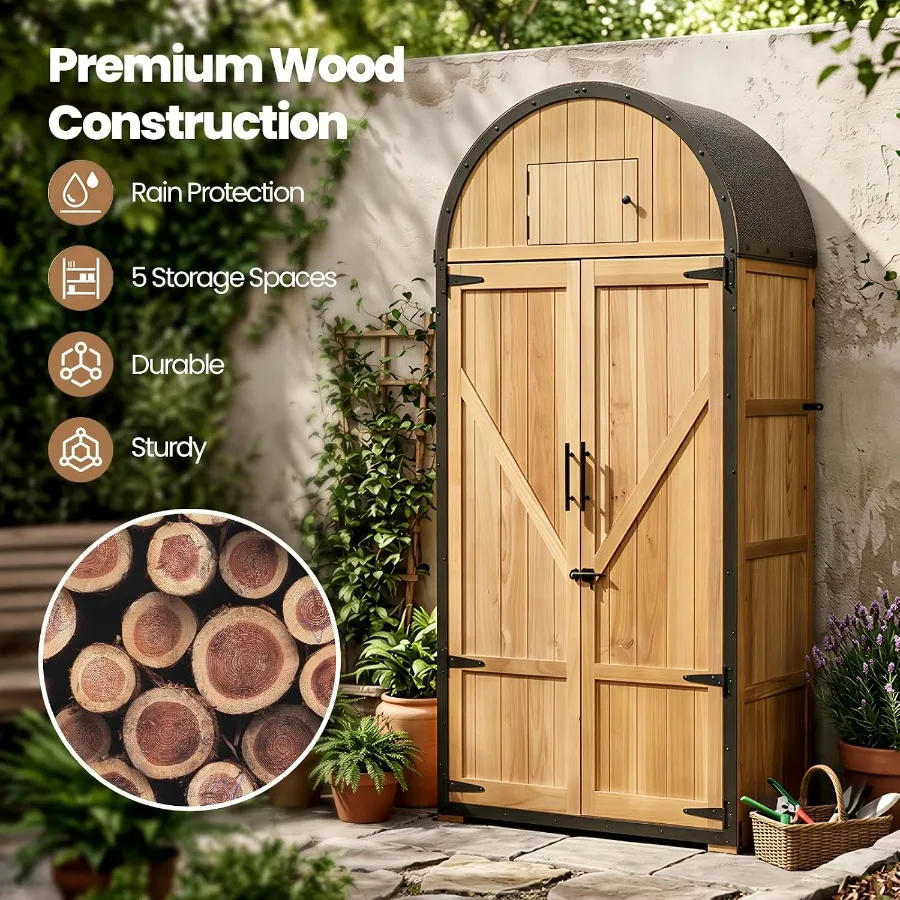 Outdoor Storage Shed: Waterproof Garden Tool Cabinet with Domed Roof, Double Doors, Lockable 5-Tier Organizer for Patio/Lawn/Ba