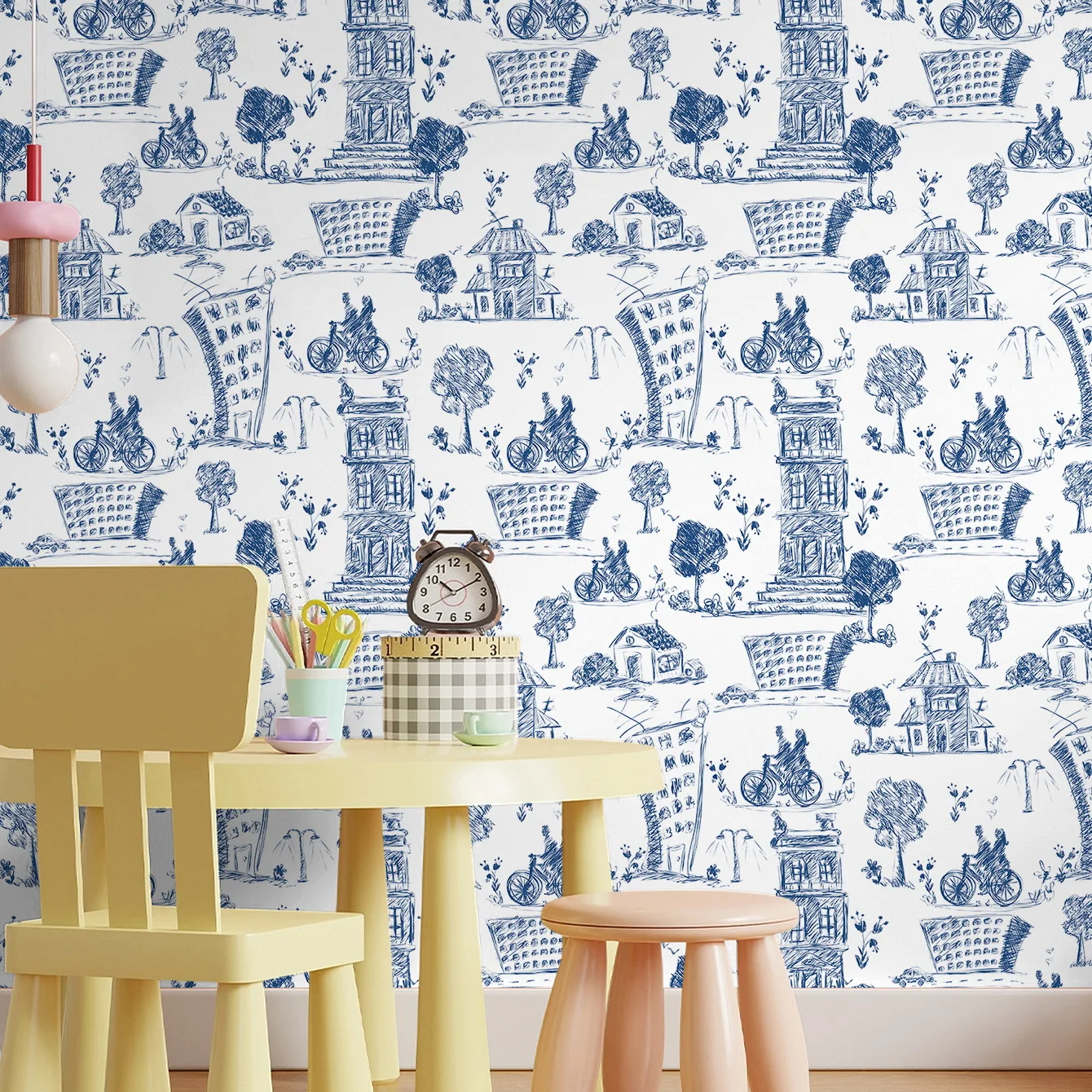 Village Wallpaper Peel and Stick Farmhouse Wall Paper Blue Modern Bedroom Contact Paper for Kitchen Cabinet Removable Vinyl