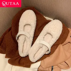 QUTAA 2023 Winter Warm Wool Women Flat Heels Outdoor Leisure Office Ladies Genuine Leather Thick Casual Shoes Woman Size 34-39