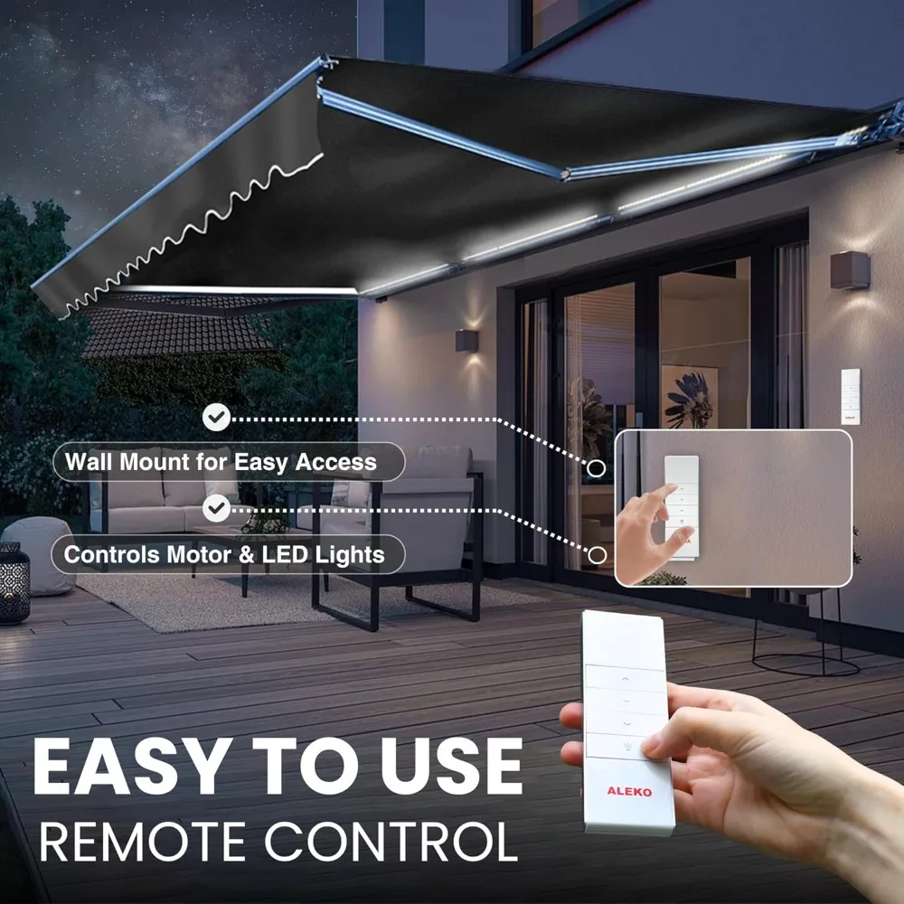 Tenda da sole retrattile motorizzata da 16x10 piedi, motore elettrico telecomandato e manovella manuale, luci a LED, canoa in tessuto con protezione UV