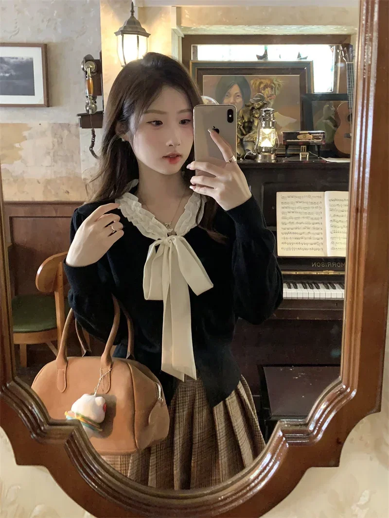 

Бандажный кардиган, женские вязаные свитера, осень 2023, нежный ветер для похудения, однотонный дикий трикотаж, кардиганы, топы, женская одежда