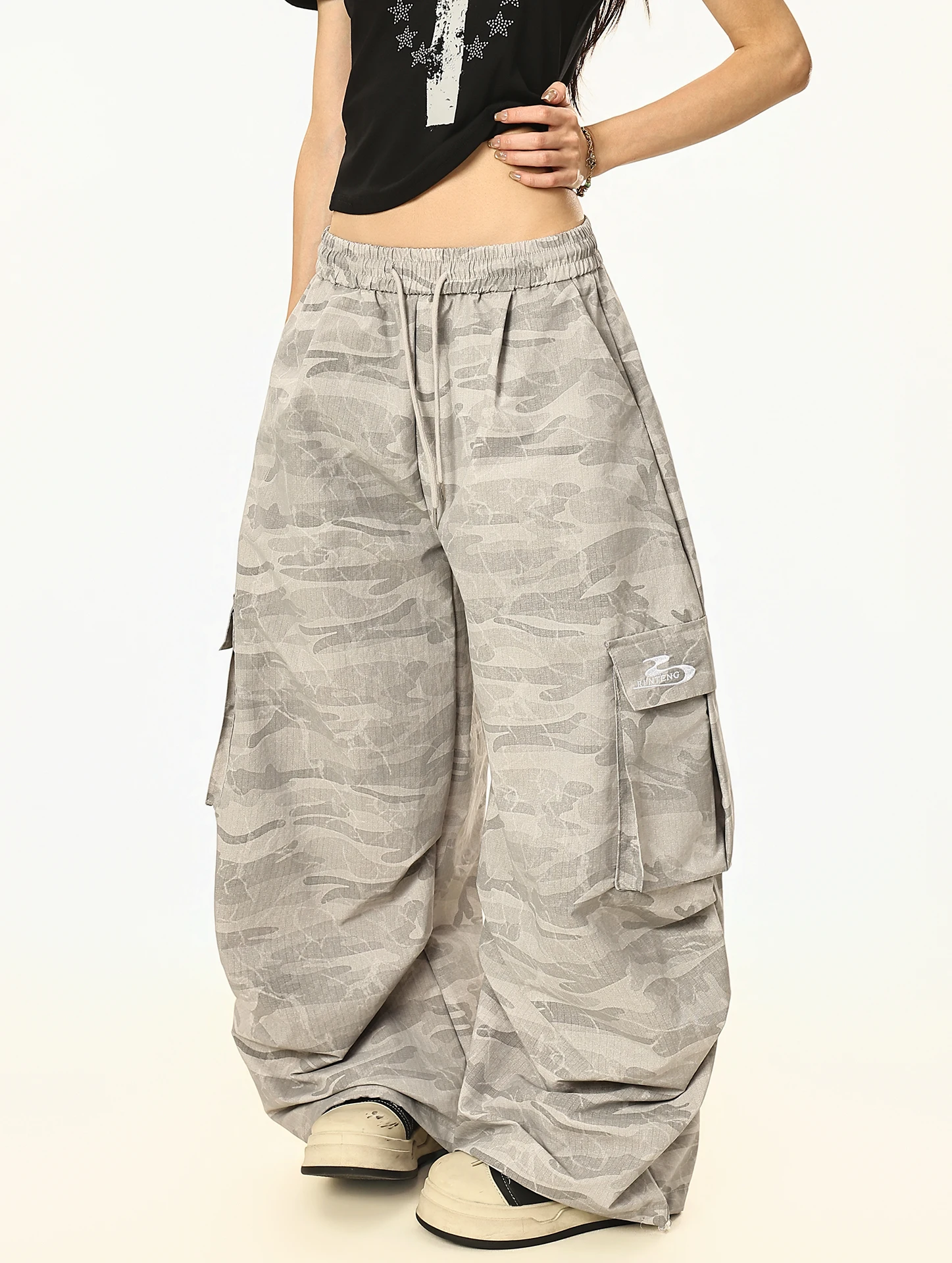 

Boeax American High Street Retro Cool Loose Wide Leg Floor-Length Utility Pants Women Summer Casual Trousers Vintage Style