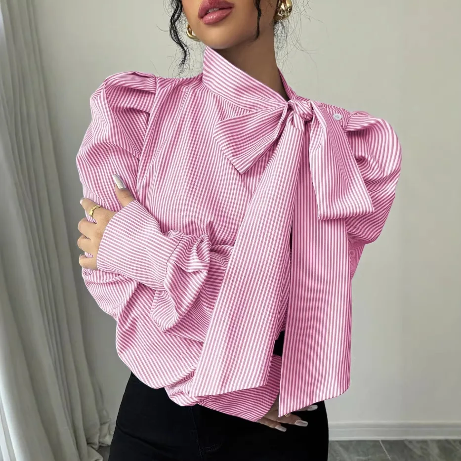 2026 Spring New Striped Casual Long-sleeve Shirt With Ribbon And Puff Sleeves For Women Wedding Dress Boho Sexy Midi Clothes