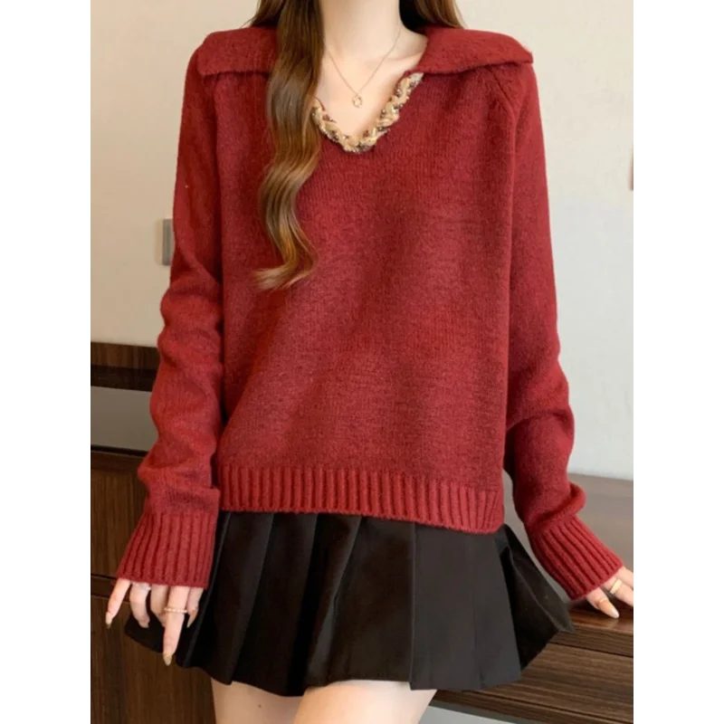 Encore Red Contrast Lapel Pullover Sweater for Women in Autumn and Winter Fashionable and Loose Top