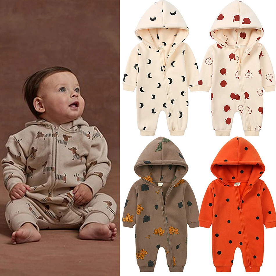

Baby Spring Hooded Zipper Jumpsuits Toddler Girls Boys Long Sleeved Fleece Bodysuits Infant Print Cute Rompers Clothes