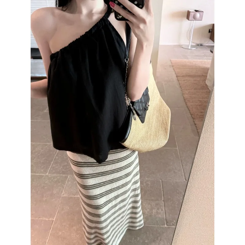 Lazy Striped Knitted Skirt + Hollow Pit Strip Knitted Cardigan Jacket Women's New Suspender Vest Three-piece Set