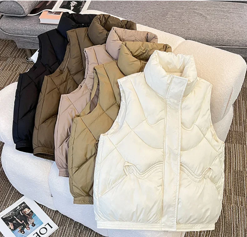 

5 Color Women's Warm Vest Outerwear Thick Padded Puffer Sleeveless Vest Quilted Stand Collar Sleeveless Jackets Fall Winter Coat