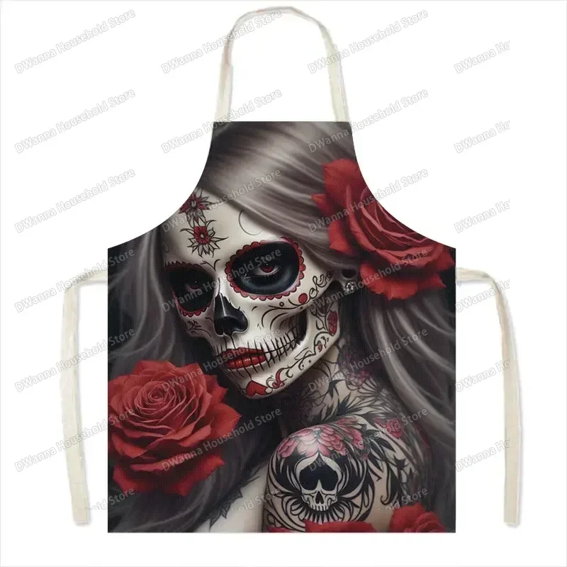 Flower Holy Death Kitchen Aprons Santa Muerte Mexico Skull Home Cleaning Clothing Linen Pinafore Waterproof Chef Cooking Apron