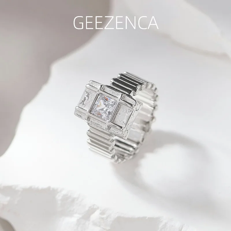 GEEZENCA 925 Sterling Silver 5A Zircon Resizable Ring For Unisex Geometric Minimalism Chic Wide Lovers Rings 2024 New Party Gift