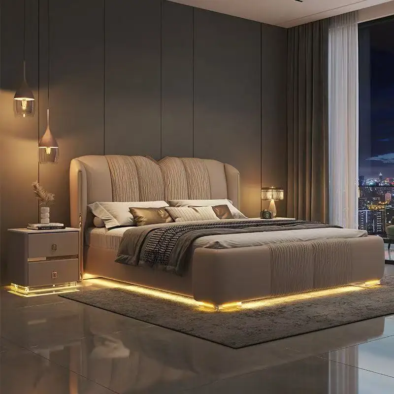 *Light Luxury Pleated Genuine Leather Double Bed Golden Metal Foot Soft Upholstered Solid Wood Frame Master Bedroom  Bed