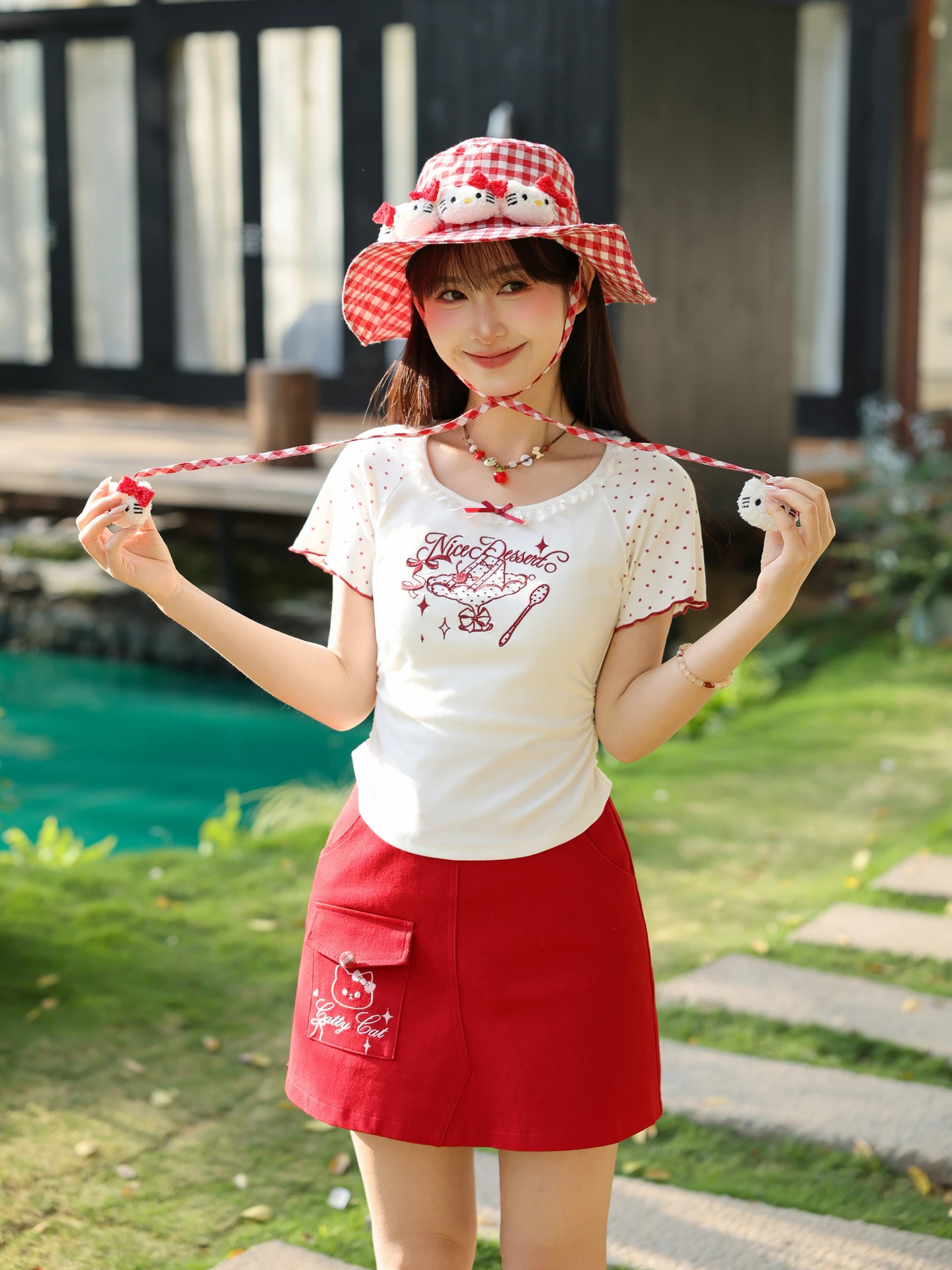 

Sweet Polka Dot Design Short Sleeve Slim Fit Women's T-shirt Summer Casual High Waist round Neck Print Lace Fashion Top