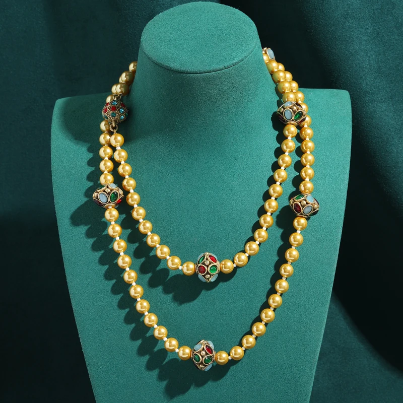 

Antique Gold Plated Vintage Layered Pearl Necklace Beads Women Luxury Rhinestone Retro Charm Women Bridal Engagement Jewelry