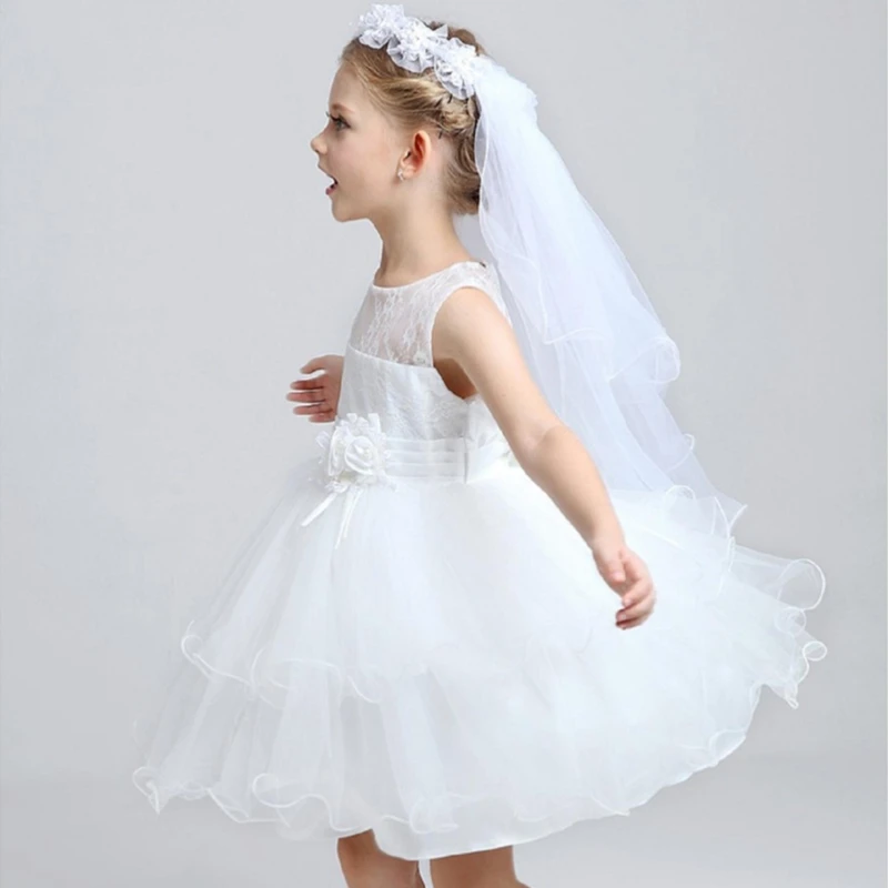 Children Little Princess Hairband Double Layers Tulle Bridal Veils Flowers Garland Ruffles Floral Lace Wedding Party Wreath