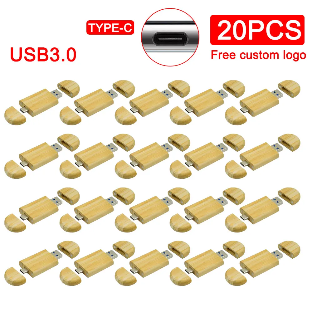

20PCS/LOT TYPE-C USB 3.0 Flash Drive 128GB 2-in-1 Pen Drive 64GB Free Custom Logo 32GB Memory Stick Wooden Pendant Wedding Gift