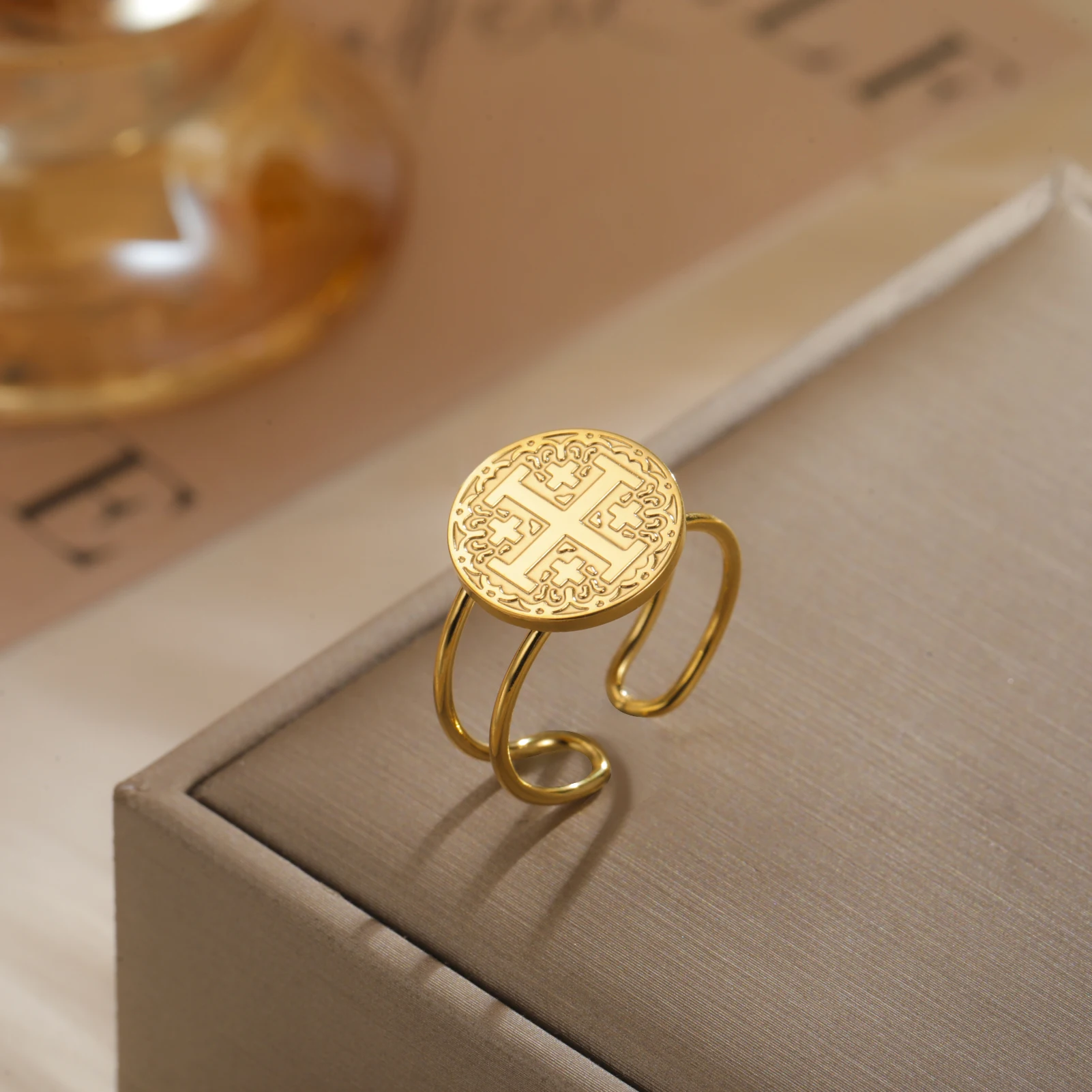 Lucktune Stainless Steel Open Ring Vintage Jerusalem Cross Evil Eye Adjustable Finger Ring Women Gold Color Jewelry Party Gift