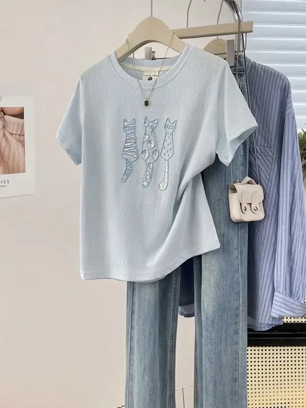 Korean Style Simple Three Cats Embroidery Short Sleeve round Neck T-Shirt Women's Casual Atmosphere Top Breathable Cotton Sum...