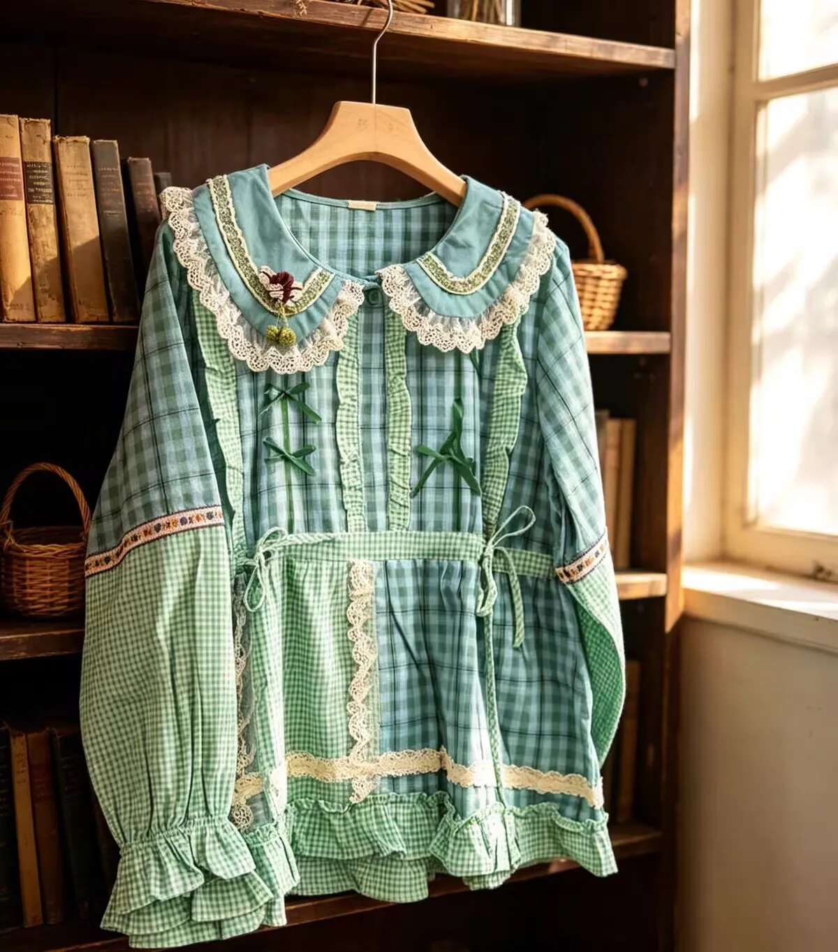 Female Kawaii Patchwork Cotton Long Sleeeve Blouse Women Sweet Ruffles Tops Mori Girl Retro Lolita Style Shirt