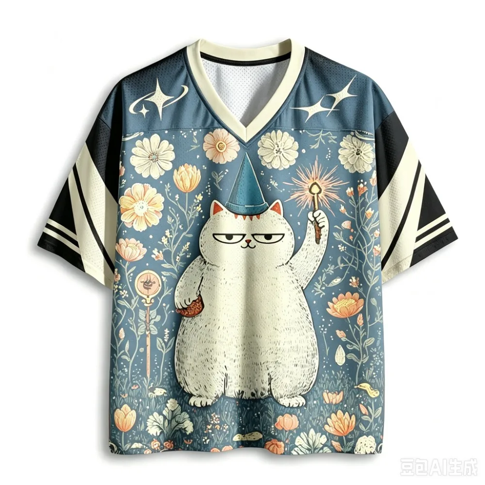 Retro Cat and Flower Illustration 3D Print Men sport V-neck T-shirt Outdoor street casual Fashion Quick-dry Breath parent-child