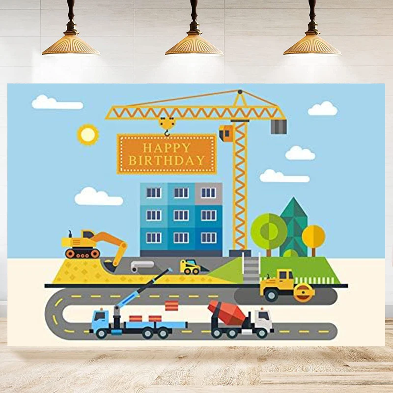 

Construction Site Photography Backdrop Truck Crane Excavator Background Happy Birthday Decorate Banner