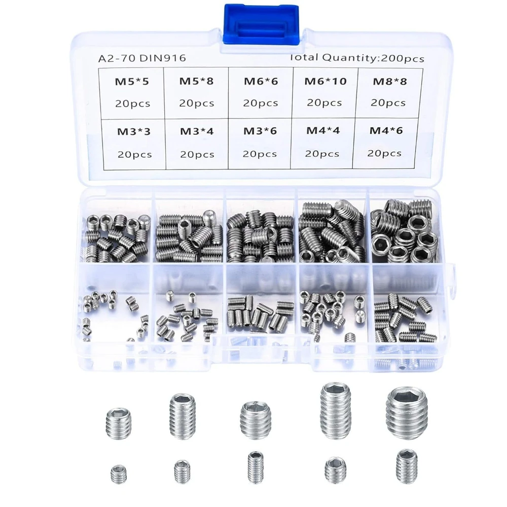 

200pcs 304 Stainless Steel Hexagon Socket Machine Screws Set DIN916 Headless Stop Screws with Hardware Fasteners M3 M4 M5 M6 M8