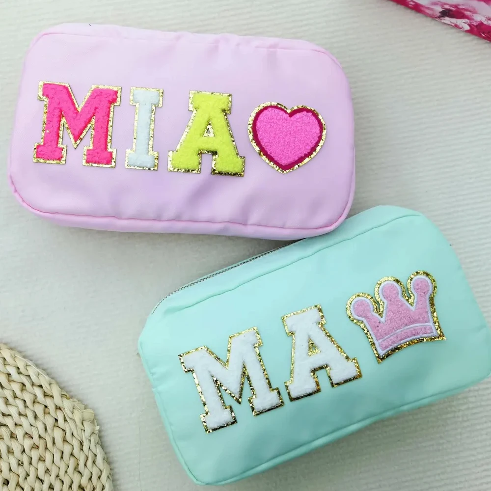 

17 Colors Beach Toiletry Bag Small Nylon Makeup Pouches with Chenille Letter Patches Travel Storage Cosmetic Bags for Women