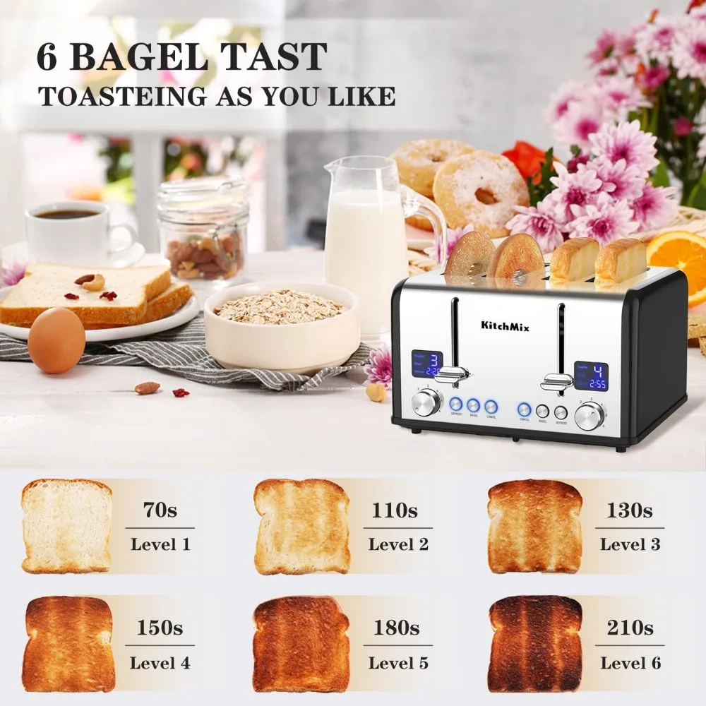 Broodrooster 4 Plak, Kitchmix Bagel Roestvrij Broodrooster Met Lcd-Timer, Extra Brede Sleuven, Dubbel Scherm, Verwijderbare Kruimellade (Zwart)