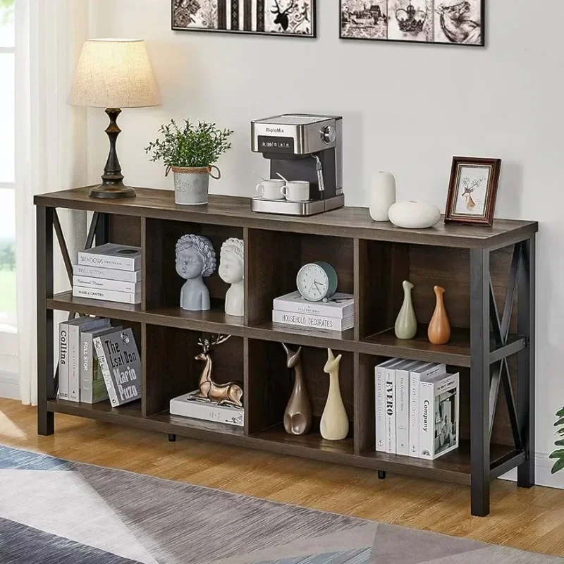 8 Cube Storage Organizer Bookshelf, Rustic Wood Cubby Bookcase, Industrial Horizontal Long Shelf for Living Room