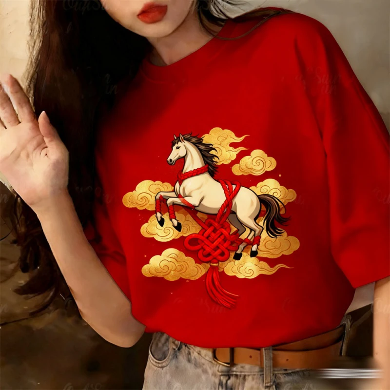 

Футболка с новогодним узором для женщин, футболки с 3D принтом на год лошади, летние повседневные уличные топы с круглым вырезом, футболки большого размера с короткими рукавами