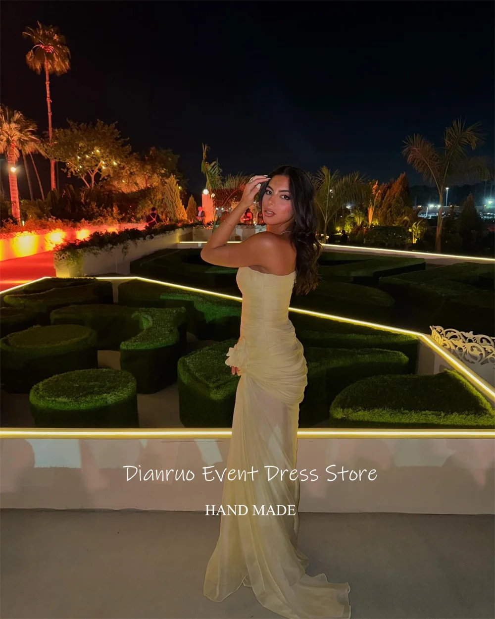 Dianruo Abito da sera increspato senza spalline Lunghezza pavimento Sirena Abiti da festa Chiffon pieghettato Chic Robes De Soirée Personalizzato