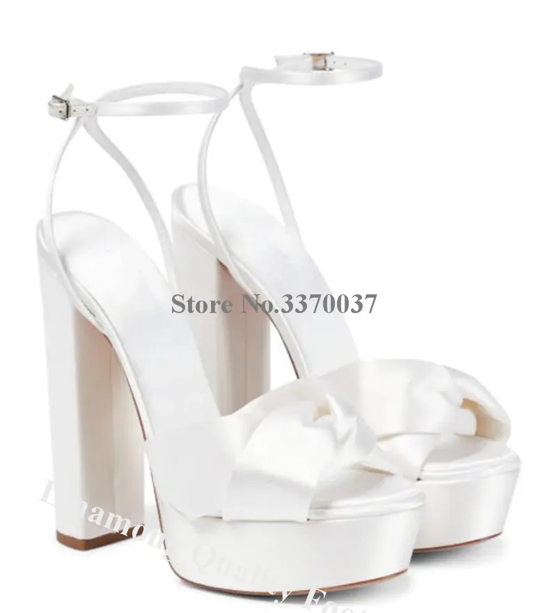 White Satin Chunky Heel Sandals Linamong Newest Bowtie High Platform Thick Heel Party Shoes Wedding Ankle Straps High Heels