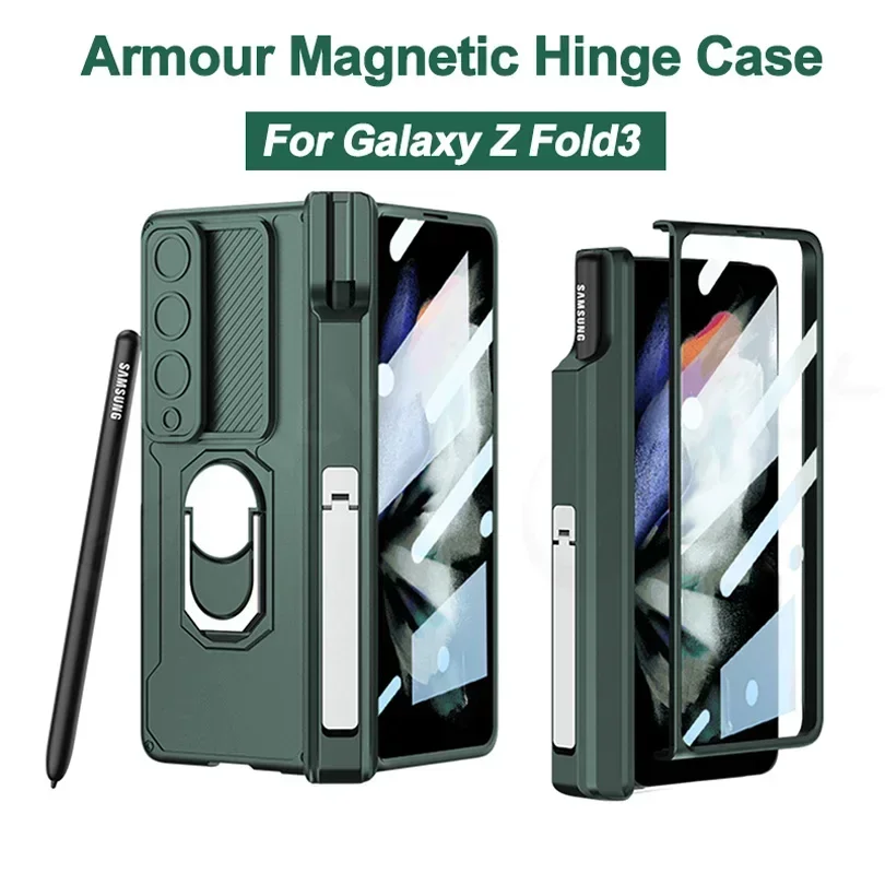 Magnetic Hinge Shockproof Armor Case For Samsung Galaxy Z Fold 3 With Glass Film Pen Holder Stand Cover For Galaxy Z Fold3 Case