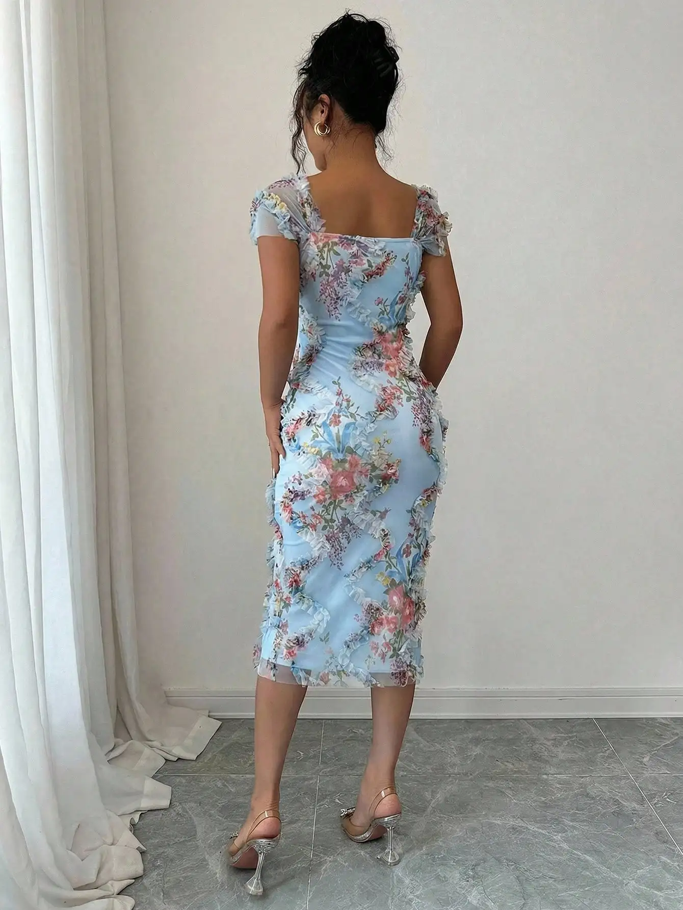 

Элегантное романтичное сетчатое платье миди с цветочным принтом и рюшами для свадьбы, вечеринки, свидания, весны и лета