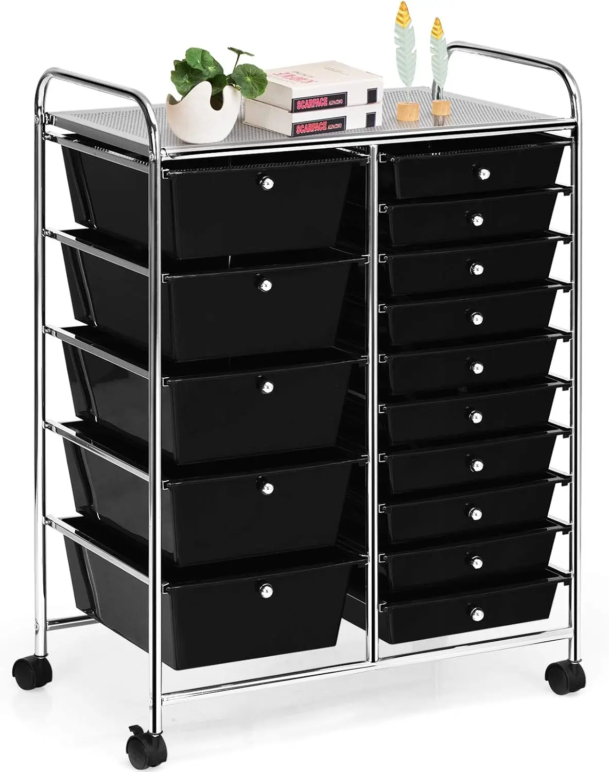 

15-Drawer Rolling Storage Cart, Removable Drawers with Sturdy Steel Frame & Locking Wheels, Black