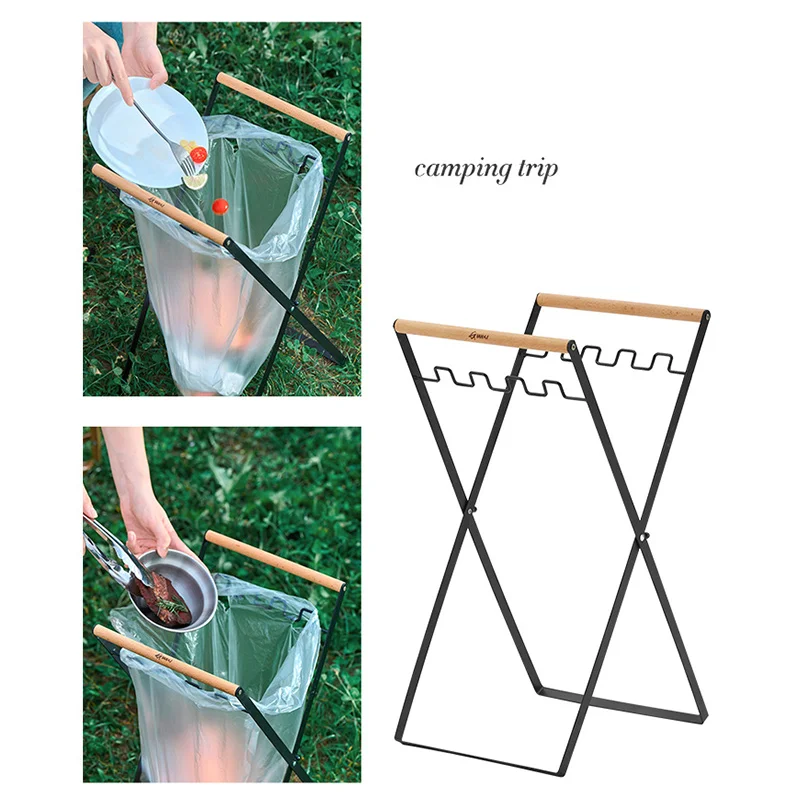 Iron Garbage Rack Portable Folding Trash Rack With Metal Support Wooden Handle Outdoor Picnic Barbecue Garbage Bag Rack