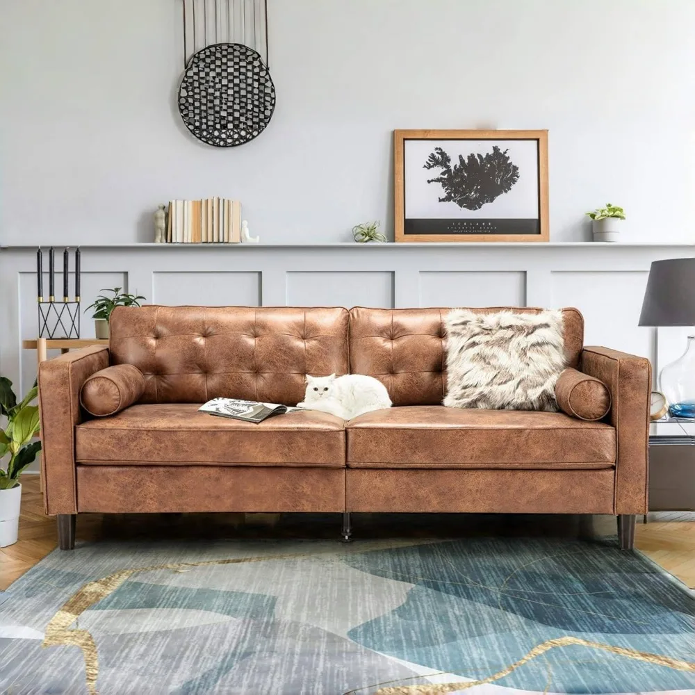 أريكة جلدية صناعية حديثة بثلاثة مقاعد في منتصف القرن، أريكة عتيقة مقاس 8.2 بوصة مع وسادتين مع وسادتين، أريكة بنية كبيرة لغرفة المعيشة