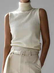 White Turtleneck Knitted Sleeveless Sweater For Women Elegant Knit Warm Tops Vests Sweaters Green Pullovers Fall Winter Clothing