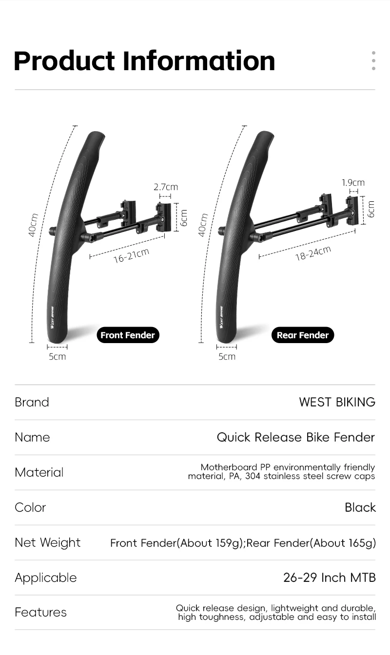WEST BIKING MTB-Schutzbleche 5cm Breit Schnellspanner-Schutzblech-Set für 26-29 Zoll Mountainbike Doppelstangen-Verstellbare Regen-Trail-Ausrüstung – Detail 4