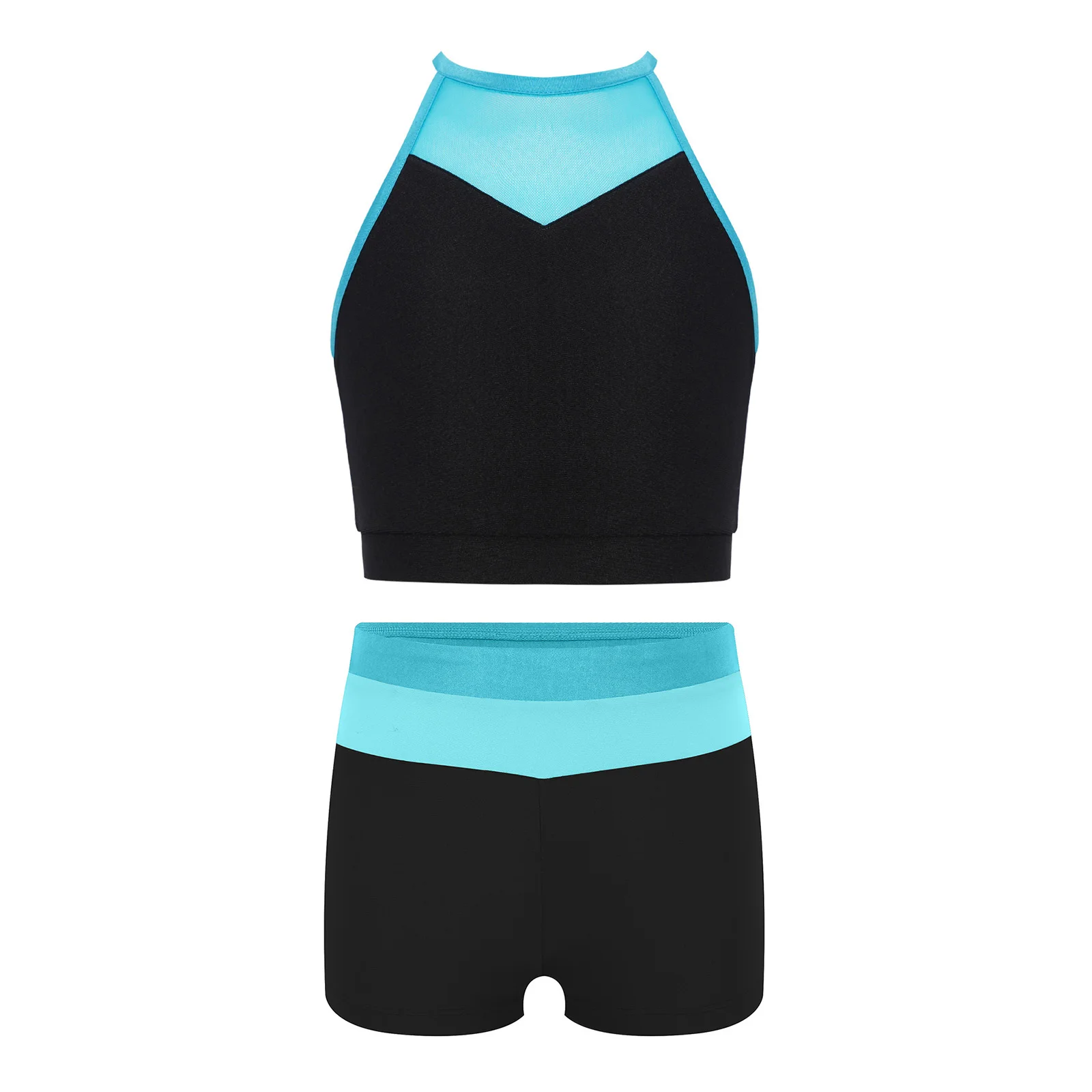 

Kids Girls Gymnastics Dance Athletic Outfit Sheer Mesh Dance Crop Top with Elastic Waistband Shorts for Yoga Dance Exercise