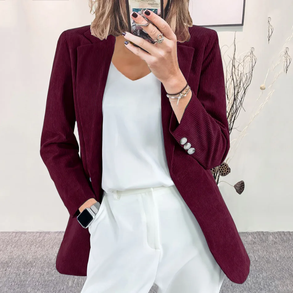 Cárdigan de pana británico para mujer, Chaqueta de traje pequeña profesional, Regular, básica, ajustada, Color sólido, novedad de 2024