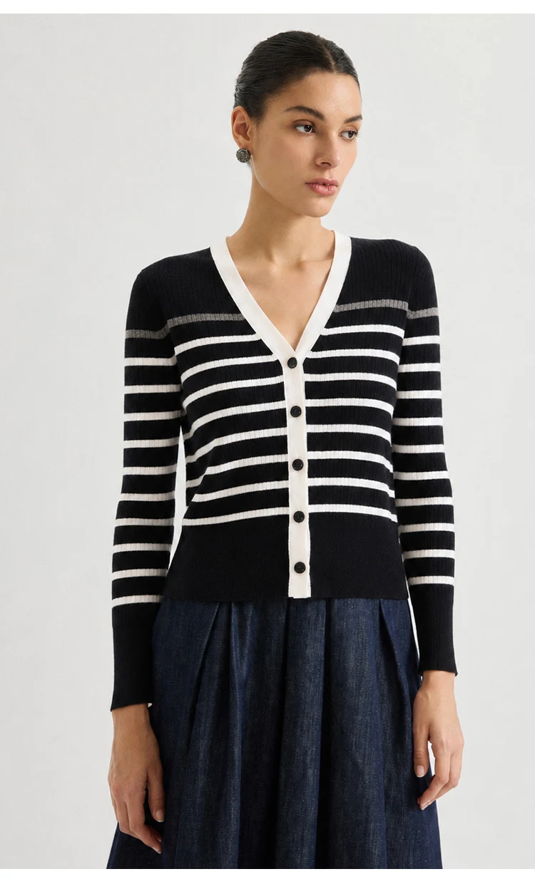 MZ62028 Damen Vintage Gestreifter V-Ausschnitt Gerippter Strick Langarm-Cardigan mit Kontrastbesatz Knopfleiste Modal-Mischung Frühherbst-Pullover – Detail 4