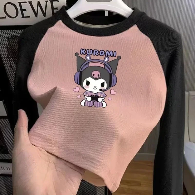 Sanrio Kuromi's new cute girls' casual, fashionable and versatile color-blocked printed long-sleeved round neck bottoming shirt